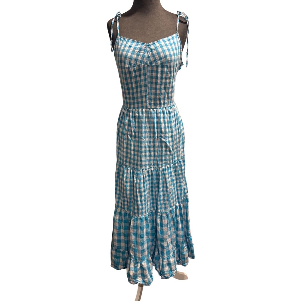 Everlynn Apparel Blue Gingham Tiered Midi Dress Tie Shoulder Womens Medium